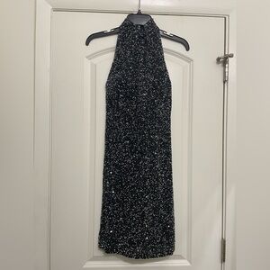Riazee Boutique Silk Fully Beaded Black Halter Evening Dress